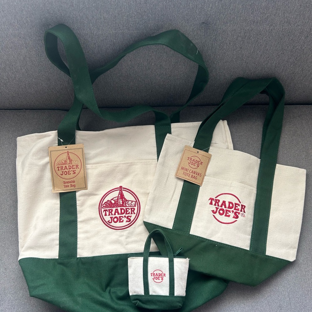 Trader Joe's Canvas Tote Bags FULL SET Forest Green
